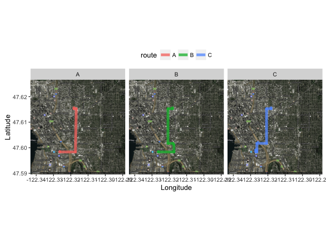 Three side-by-side satellite images of Seattle, each showing a potential bike route from one place to another.
