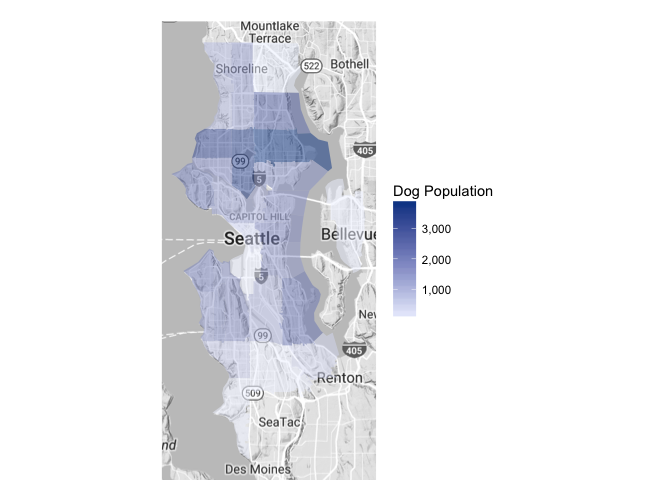 Choropleth map showing the dog population in various zip codes throughout Seattle. the highest proportions are in northern Seattle”