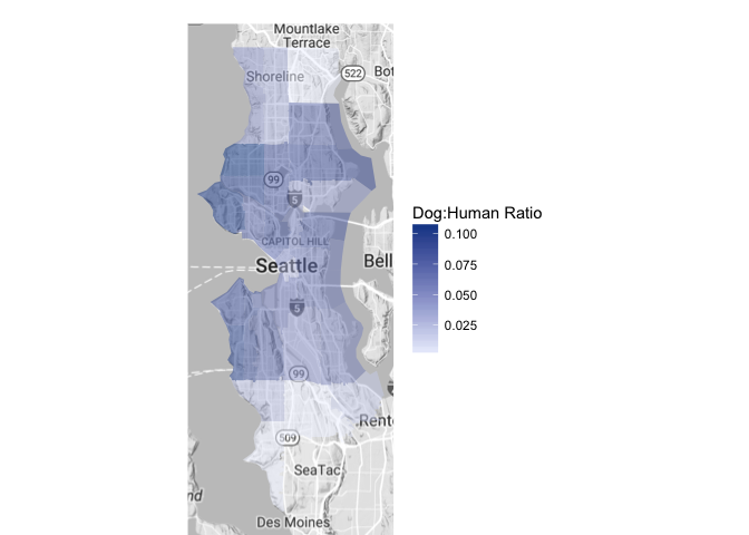 Choropleth map showing the dog population per human in various zip codes throughout Seattle. The highest proportions are in central Seattle”