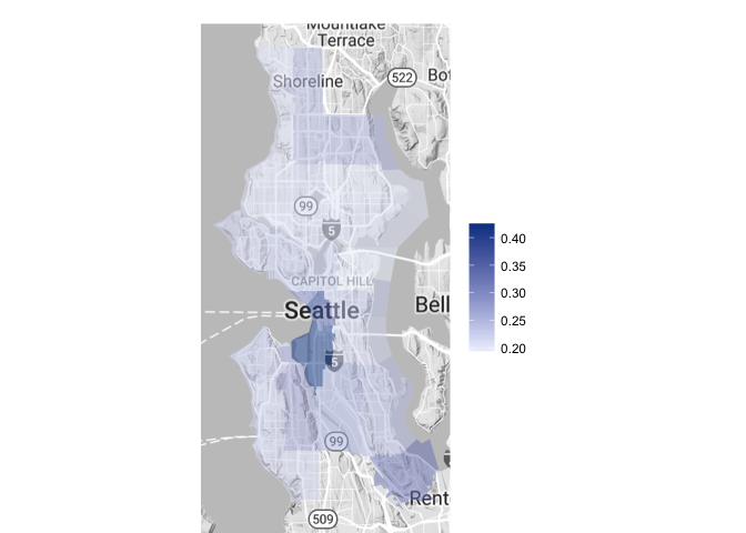 Choropleth map showing the small dog population compared to the entire dog population in various zip codes throughout Seattle. the highest proportions are in downtown Seattle”
