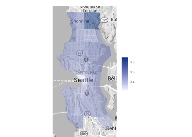 Choropleth map showing the large dog population compared to the entire dog population in various zip codes throughout Seattle. the highest proportions are in northern Seattle”
