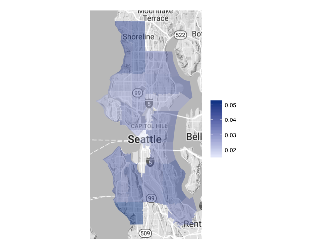 Choropleth map showing the giant dog population compared to the entire dog population in various zip codes throughout Seattle. the highest proportions are in northern and southern Seattle”