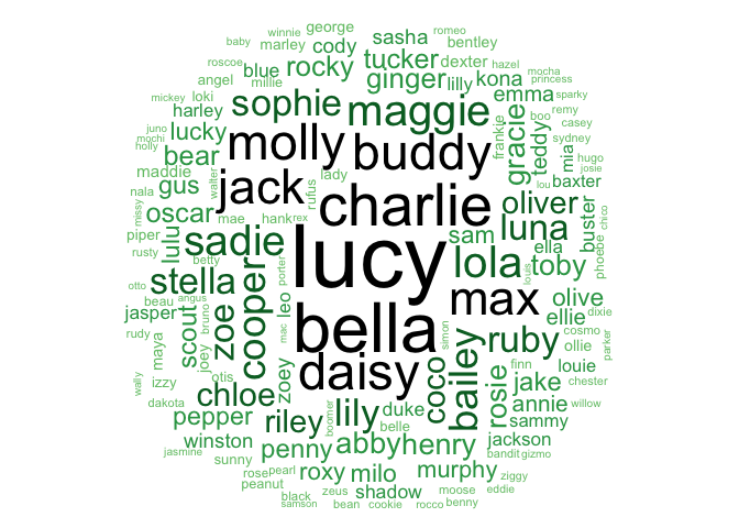 Word cloud of dog names after removing non-names. Some of the largest include Lucy, Charlie, Bella, Daisy”